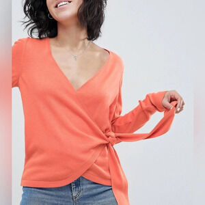 ASOS Design Wrap Bow Jersey Knit Light Weight Sweater Blouse Coral Sz6 New w Tag